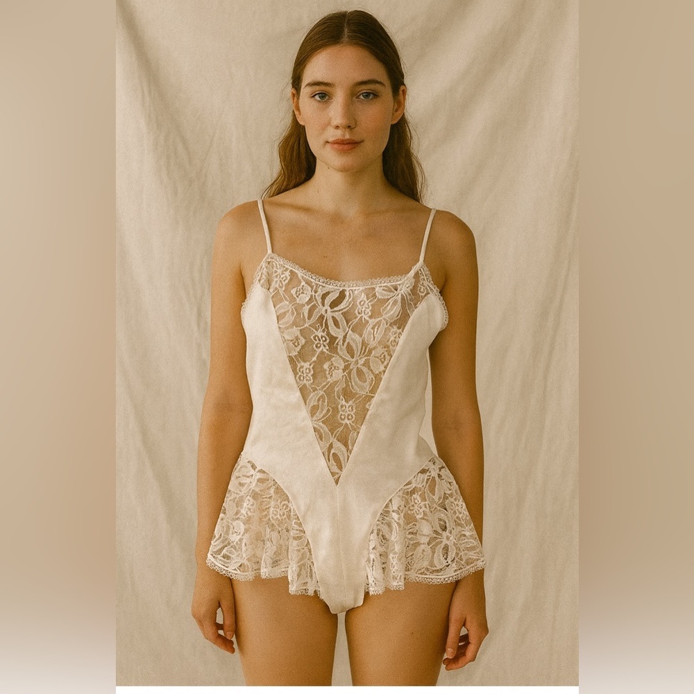 Vintage Lady Cameo Feminine Lace Teddy Lingerie Cream Peach Floral Size Medium﻿
